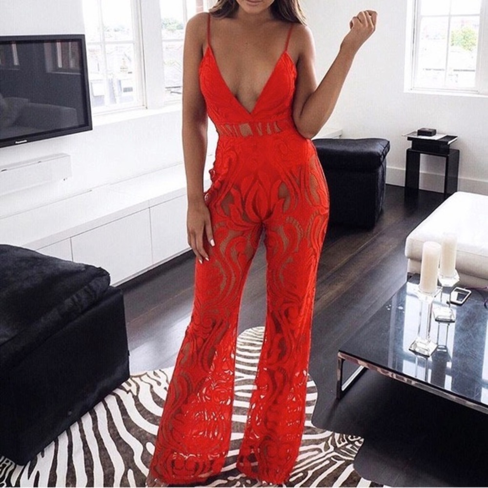 Sexy Deep Plunge Red Lace Jumpsuit